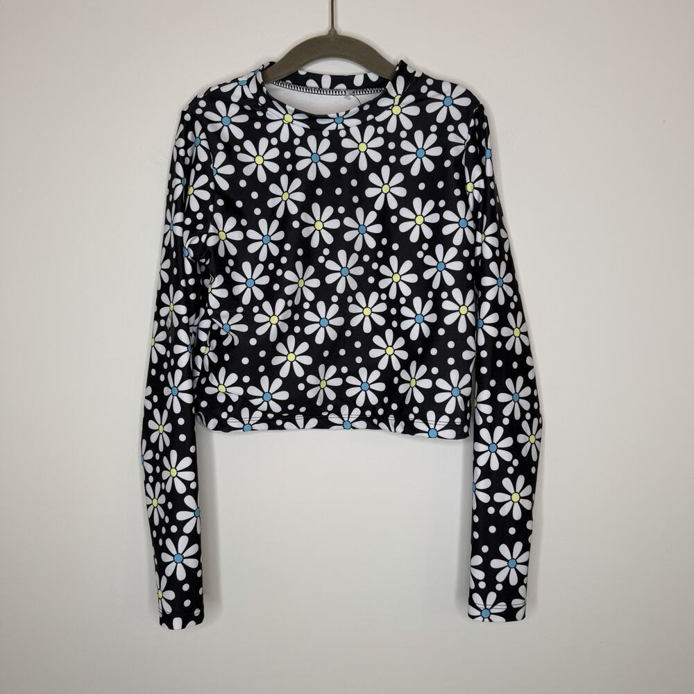 Banana Boat Girl’s Rash Guard Long Sleeve Swim Top Black/White Flowers Size 7-8